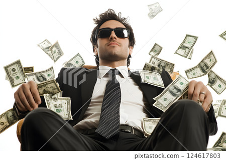 一幅奢華的成功人士形象，描繪了一個穿著西裝的男人和飛舞的鈔票 124617803