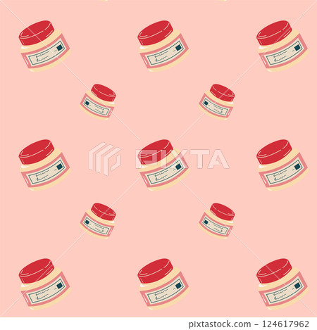 Cosmetic face cream jar seamless pattern on pink background, for background, wallpaper, textile, fabrics, packaging. Cosmetic face cream jar seamless pattern on pink background, for background, wallpaper, textile, fabrics, packaging. 124617962