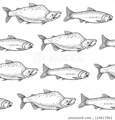 Trout black white vector seamless pattern. Hand drawn salmon, nerka, and sockeye fish in vintage engraving style. Monochrome repeat background for fabric, packaging, wrapping paper, and marine decor. 124617963