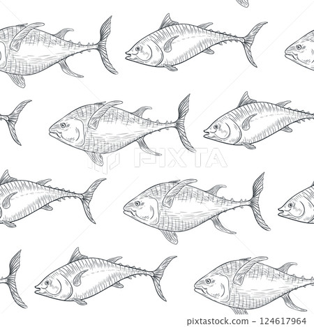 Tuna fish black white vector seamless pattern. Sea fish monochrome sketch hand drawn repeated texture. Yellowfin tuna engraving ink background. Kingfish graphic for design textile, wrapping paper. Tuna fish black white vector seamless pattern. Sea fish monochrome sketch hand drawn repeated texture. Yellowfin tuna engraving ink background. Kingfish graphic for design textile, wrapping paper. 124617964