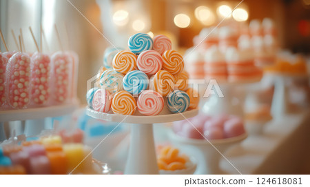 A beautifully arranged candy buffet with a variety of chocolates, lollipops, and colorful sweets 124618081