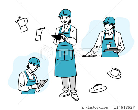 Cafe/restaurant: A waiter in an apron standing and wiping a table 124618627