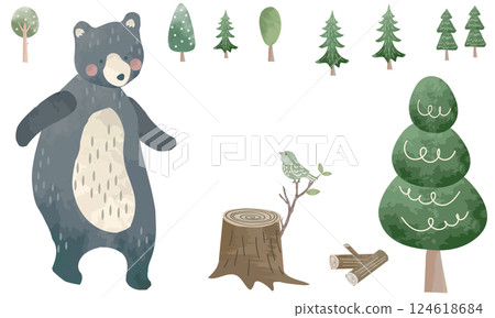 森林熊和小鳥明信片 124618684