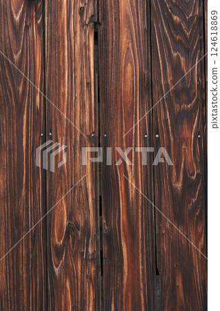 Beautiful burnt cedar, traditional Japanese exterior wall material, background texture series, vertical image 124618869