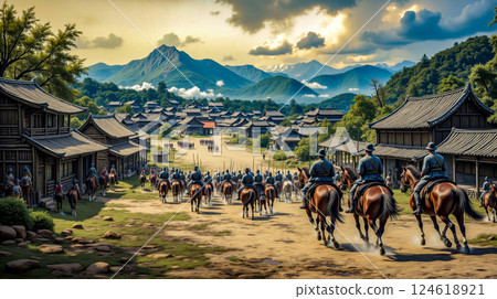 A group of people riding horses down a dirt road 124618921