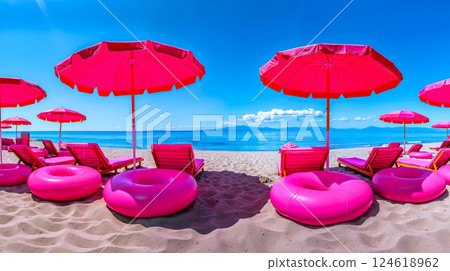 A beach filled with lots of pink umbrellas and lounge chairs A beach filled with lots of pink umbrellas and lounge chairs 124618962
