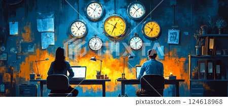 Two people sitting at a desk in front of a wall of clocks 124618968