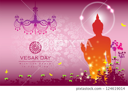 Abstract of Vesak Day. The Birthday, Enlightenment and Death of Lord Buddha that's one sign of Buddism. Buddhists around the world called The Meditation Day or Jayanti Day. Background and banner conce Abstract of Vesak Day. The Birthday, Enlightenment and Death of Lord Buddha that's one sign of Buddism. Buddhists around the world called The Meditation Day or Jayanti Day. Background and banner conce 124619014
