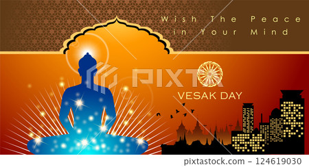 Abstract of Vesak Day. The Birthday, Enlightenment and Death of Lord Buddha that's one sign of Buddism. Buddhists around the world called The Meditation Day or Jayanti Day. Background and banner conce 124619030