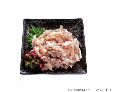 Seared horse mackerel and namero served on a plate [white background, cutout] 124619123