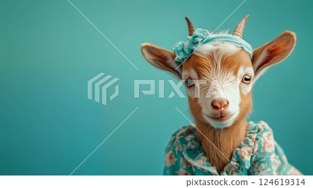Cute goat wearing a floral outfit and headband, posing against a teal background with copy space 124619314