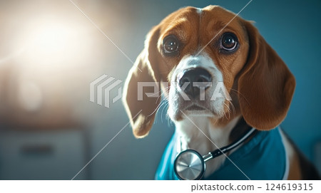 Beagle dog dressed as a doctor with a stethoscope around its neck, illuminated by warm light 124619315