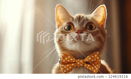 Charming cat wearing a polka dot bow tie, gazing curiously into the distance in soft light 124619316