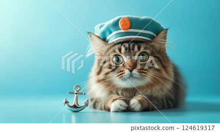 Cat dressed as a sailor with a cap, lying beside an anchor on a blue background with copy space 124619317