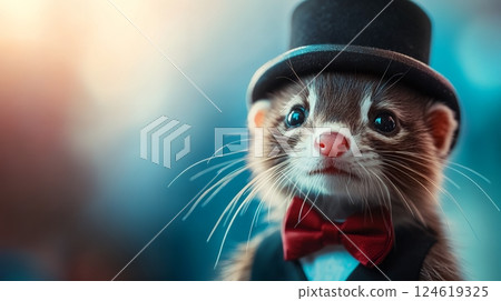 A charming ferret dressed in a top hat and bow tie, exuding elegance and whimsy 124619325