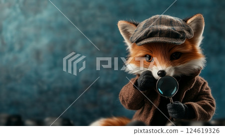 A clever fox dressed as a detective, holding a magnifying glass with a curious expression 124619326
