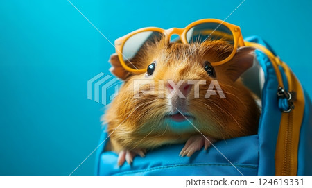 A cute guinea pig peeking out of a backpack, sporting trendy glasses and an adorable expression 124619331