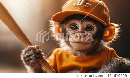 A young monkey dressed as a baseball player with a cap and bat, ready for a playful game A young monkey dressed as a baseball player with a cap and bat, ready for a playful game 124619339