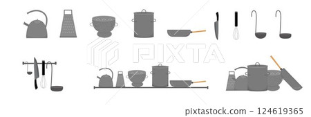 Kitchen utensils set. Vector stock illustration isolated on background for design template cuisine recipe book, menu cafe, restaurant, bistro, canteen, mess hall, lunchroom in school kindergarten. Kitchen utensils set. Vector stock illustration isolated on background for design template cuisine recipe book, menu cafe, restaurant, bistro, canteen, mess hall, lunchroom in school kindergarten. 124619365