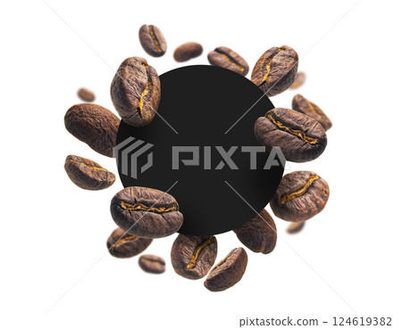 Coffee beans on a white background with a black circle in the center Coffee beans on a white background with a black circle in the center 124619382