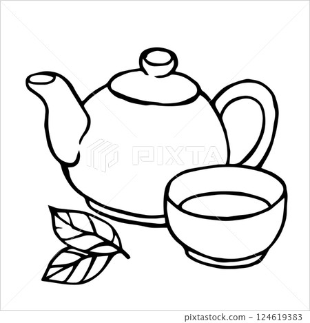 teapot and cup with green tea. cute doodle illustration	 124619383