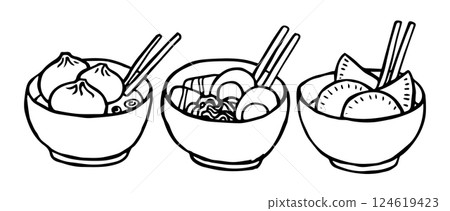 asian cuisine, noodle and dumplings dishes set, cute doodle illustration	 124619423