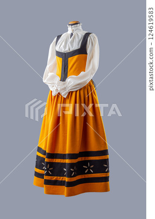 Vibrant Yellow and Black Medieval Dress with White Blouse. Cheerful historical attire featuring a bright yellow dress with black accents and a crisp white blouse. Vibrant Yellow and Black Medieval Dress with White Blouse. Cheerful historical attire featuring a bright yellow dress with black accents and a crisp white blouse. 124619583