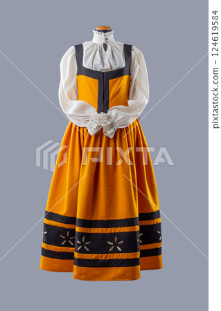 Vibrant Yellow and Black Medieval Dress with White Blouse. Cheerful historical attire featuring a bright yellow dress with black accents and a crisp white blouse. Vibrant Yellow and Black Medieval Dress with White Blouse. Cheerful historical attire featuring a bright yellow dress with black accents and a crisp white blouse. 124619584