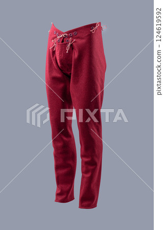 Bold Red Medieval Wool Trousers with Lacing. Striking legwear in a vibrant red hue, featuring a traditional laced front. 124619592