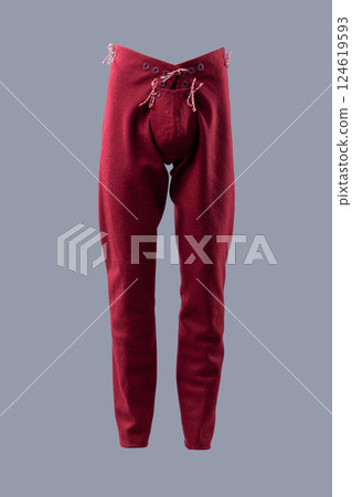 Bold Red Medieval Wool Trousers with Lacing. Striking legwear in a vibrant red hue, featuring a traditional laced front. 124619593