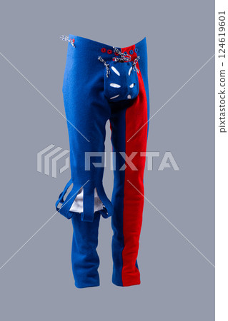 Colorful Medieval Wool Hose with Unique Design. Eye-catching legwear featuring vibrant blue and red sections with decorative details. 124619601
