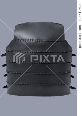 Black Leather Cuirass. Medieval torso armor with adjustable straps and buckles. Black Leather Cuirass. Medieval torso armor with adjustable straps and buckles. 124619608