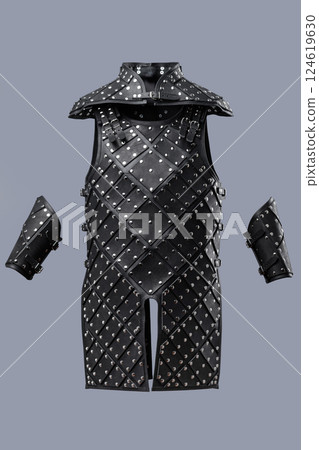 Black Leather Body Armor with Metal Studs and Shoulder Pieces. Durable and protective torso armor featuring a studded design and separate shoulder guards. Black Leather Body Armor with Metal Studs and Shoulder Pieces. Durable and protective torso armor featuring a studded design and separate shoulder guards. 124619630