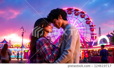 A man and woman standing next to each other in front of a ferris wheel A man and woman standing next to each other in front of a ferris wheel 124619717