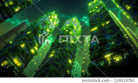A group of tall buildings with plants growing on the side of them A group of tall buildings with plants growing on the side of them 124619762