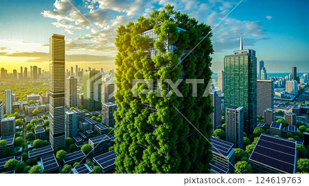 A tall building with a green roof in the middle of a city A tall building with a green roof in the middle of a city 124619763