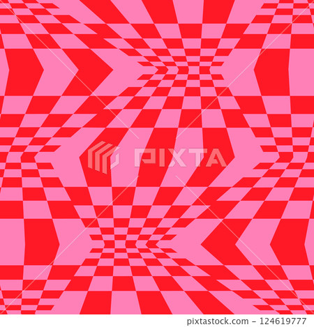 Twisted and distorted vector groovy hippie hot pink red background. Waves, checkered net pattern. Background in trendy retro psychedelic style. 124619777