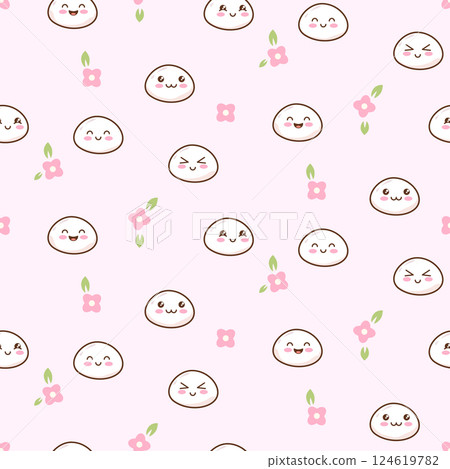 Mochi cute characters different facial expressions seamless pattern. Light pink Asian food pattern background. Mochi cute characters different facial expressions seamless pattern. Light pink Asian food pattern background. 124619782