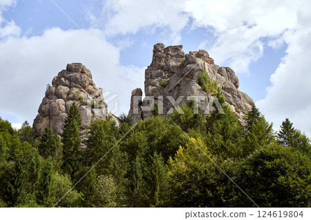 Tustan Cliffs where Tustan Cliff Fortress was located. Village of Tustan, Ukraine Tustan Cliffs where Tustan Cliff Fortress was located. Village of Tustan, Ukraine 124619804