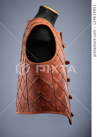 Brown Leather Medieval Armor Vest. Mercenary style torso protection with studded design. 124619951