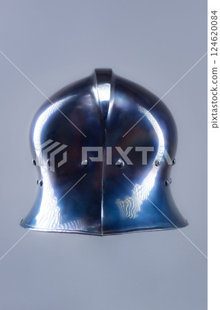 Polished Steel Sallet Helmet. Sleek medieval head protection with elongated rear. Polished Steel Sallet Helmet. Sleek medieval head protection with elongated rear. 124620084