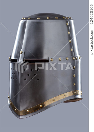 Silver Great Helm with Ventilation Holes. This image shows a shiny silver great helm, a type of medieval helmet, with a flat top, narrow eye slits, and numerous small ventilation holes on the front. 124620106