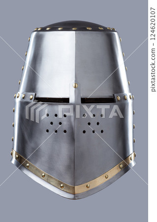 Silver Great Helm with Ventilation Holes. This image shows a shiny silver great helm, a type of medieval helmet, with a flat top, narrow eye slits, and numerous small ventilation holes on the front. 124620107