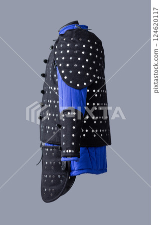 Black Brigandine Armor with Studs and Shoulder Protection. This image shows a black brigandine armor featuring rows of silver studs, black leather straps with buckles, and additional protection for 124620117