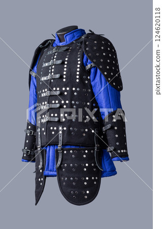 Black Brigandine Armor with Studs and Shoulder Protection. This image shows a black brigandine armor featuring rows of silver studs, black leather straps with buckles, and additional protection for 124620118