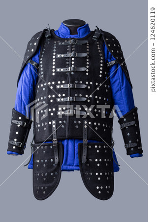 Black Brigandine Armor with Studs and Shoulder Protection. This image shows a black brigandine armor featuring rows of silver studs, black leather straps with buckles, and additional protection for 124620119