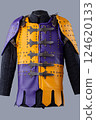Colorful Brigandine Armor with Studs and Buckles. This image shows a vibrant piece of brigandine armor, featuring a combination of purple and yellow leather sections adorned with studs and secured Colorful Brigandine Armor with Studs and Buckles. This image shows a vibrant piece of brigandine armor, featuring a combination of purple and yellow leather sections adorned with studs and secured 124620133