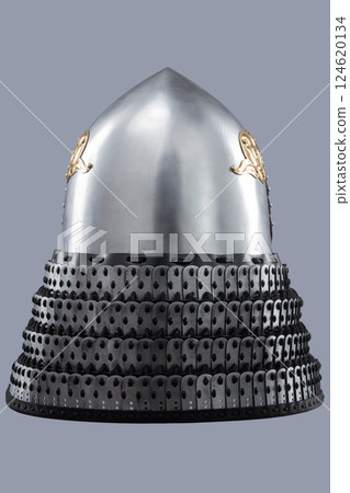 Silver Samurai Helmet with Ornate Gold Details and Fierce Mask. This image showcases a silver samurai helmet with intricate gold decorations on the crown and a detailed face mask with a stern 124620134