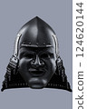 Dark Samurai Helmet with Menacing Face Mask. This image features a dark, almost black, samurai helmet with a detailed face mask displaying a fierce expression. Dark Samurai Helmet with Menacing Face Mask. This image features a dark, almost black, samurai helmet with a detailed face mask displaying a fierce expression. 124620144