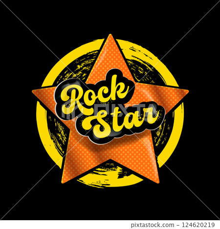 Rock star vector print for t shirt with slogan. Retro halftone paper star and rock star label png stickers for collage and t shirt print. Rockstar sign, symbol and icon 124620219